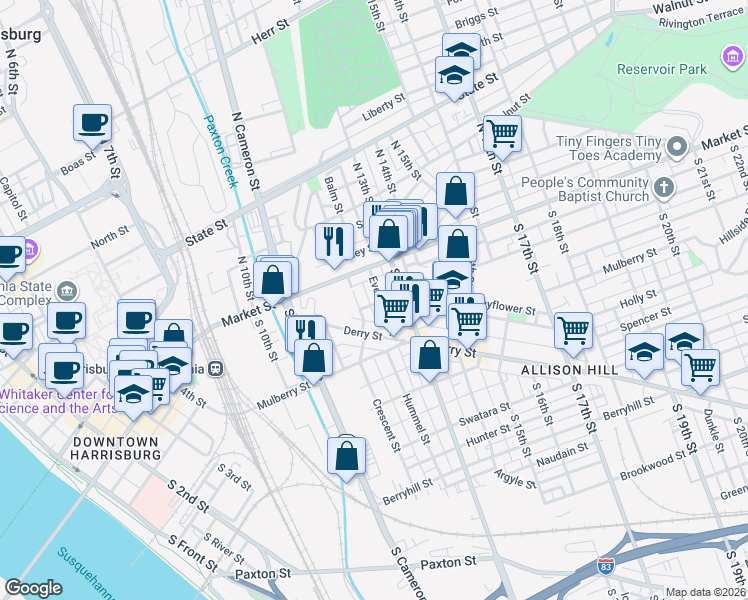 map of restaurants, bars, coffee shops, grocery stores, and more near 1220 Chestnut Street in Harrisburg
