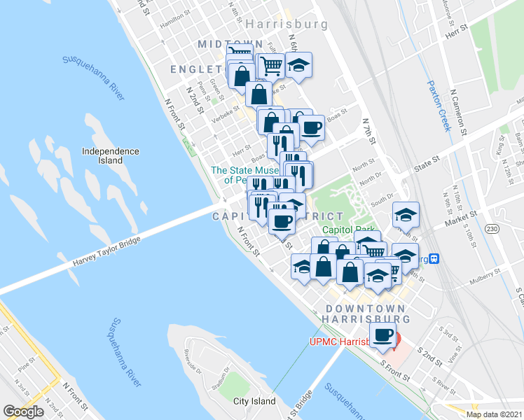 map of restaurants, bars, coffee shops, grocery stores, and more near 717A North 2nd Street in Harrisburg