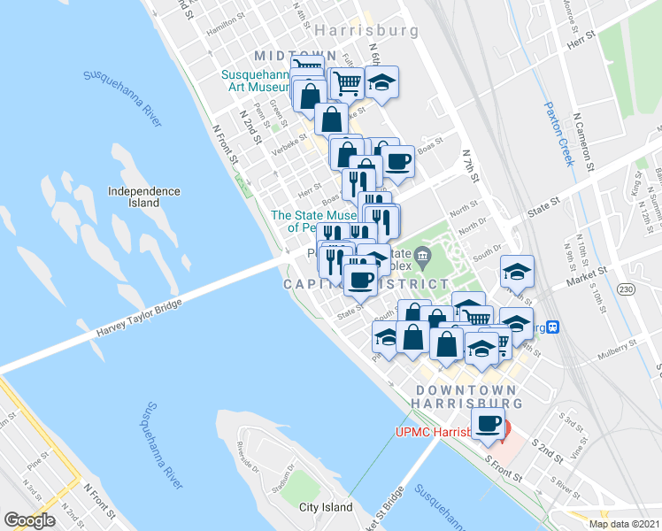 map of restaurants, bars, coffee shops, grocery stores, and more near 717 North 2nd Street in Harrisburg