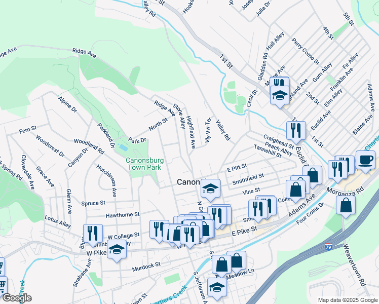 map of restaurants, bars, coffee shops, grocery stores, and more near 352 Ridge Avenue in Canonsburg