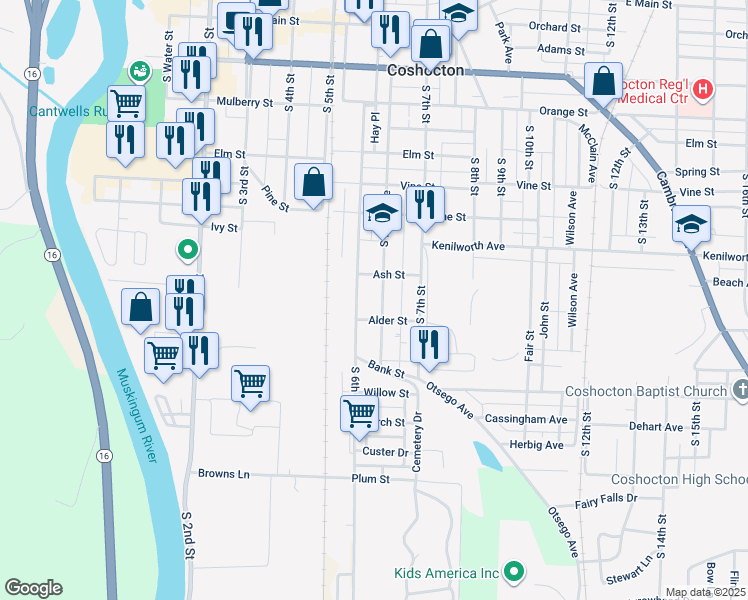 map of restaurants, bars, coffee shops, grocery stores, and more near 834 South 6th Street in Coshocton