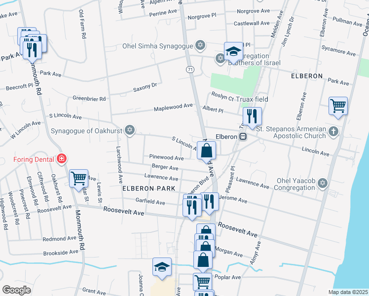 map of restaurants, bars, coffee shops, grocery stores, and more near 3 Oakwood Avenue in Monmouth County