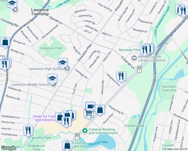 map of restaurants, bars, coffee shops, grocery stores, and more near 252 Glenn Avenue in Lawrence Township