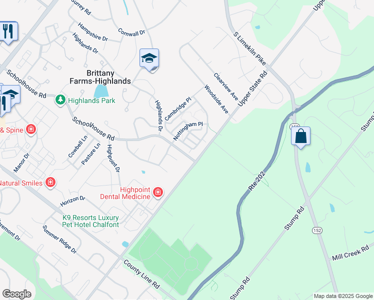 map of restaurants, bars, coffee shops, grocery stores, and more near 211 Cambridge Place in Chalfont