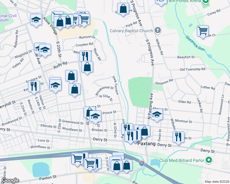 map of restaurants, bars, coffee shops, grocery stores, and more near 440 Park Terrace in Harrisburg