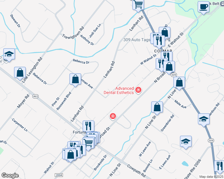 map of restaurants, bars, coffee shops, grocery stores, and more near 2240 West Walnut Street in Colmar