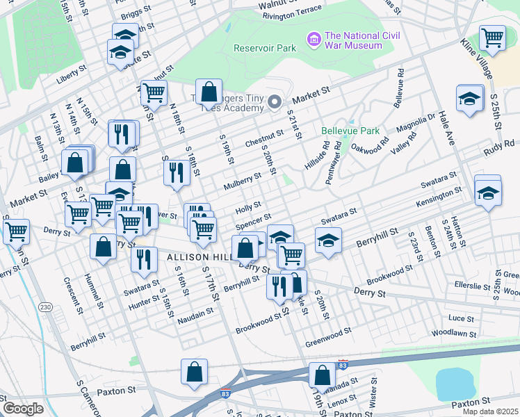 map of restaurants, bars, coffee shops, grocery stores, and more near 1917 Holly Street in Harrisburg