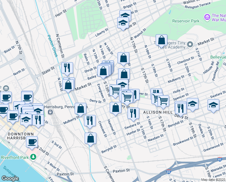 map of restaurants, bars, coffee shops, grocery stores, and more near 1306 Vernon Street in Harrisburg