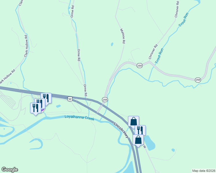 map of restaurants, bars, coffee shops, grocery stores, and more near 9 Matson Road in Ligonier