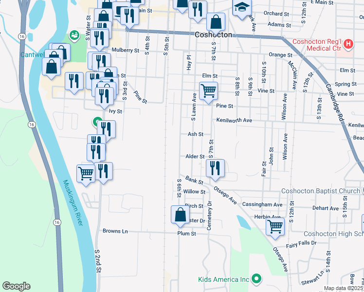 map of restaurants, bars, coffee shops, grocery stores, and more near 834 South 6th Street in Coshocton