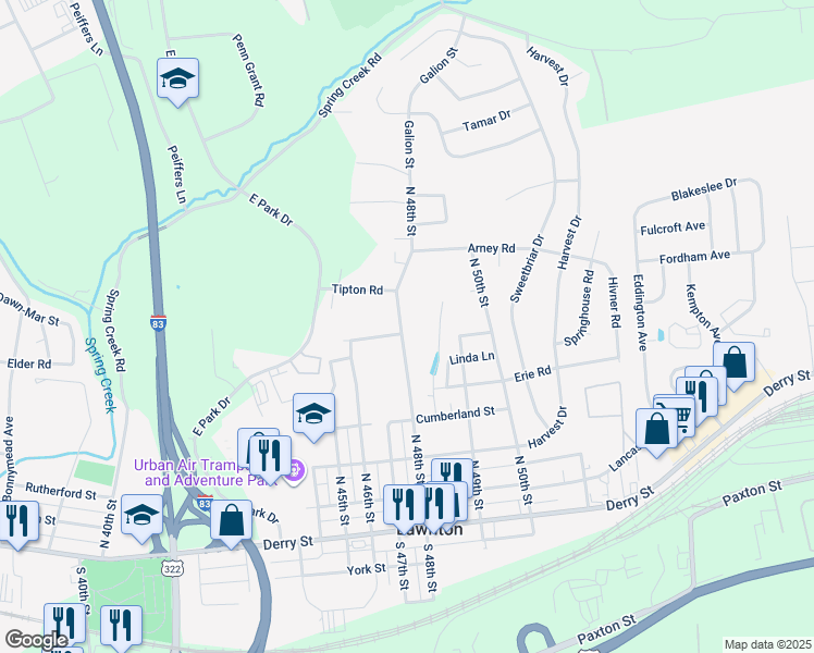 map of restaurants, bars, coffee shops, grocery stores, and more near 377 North 48th Street in Harrisburg