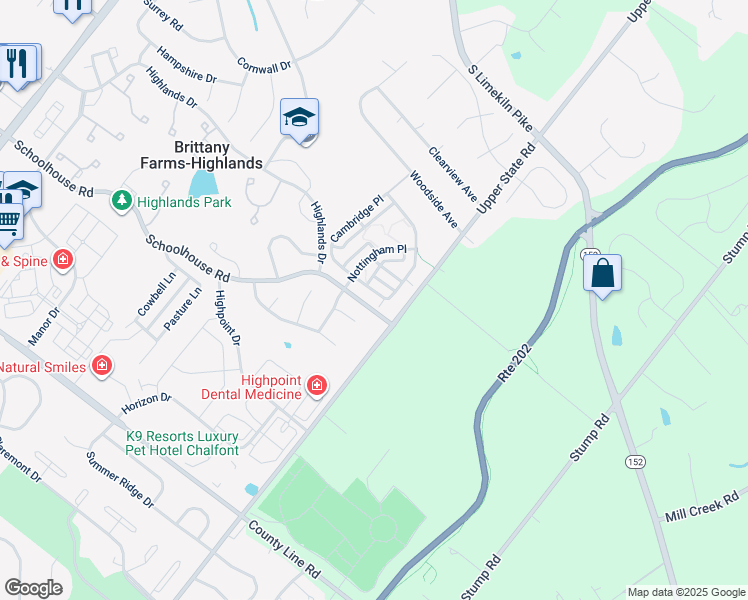 map of restaurants, bars, coffee shops, grocery stores, and more near 211 Cambridge Place in Chalfont
