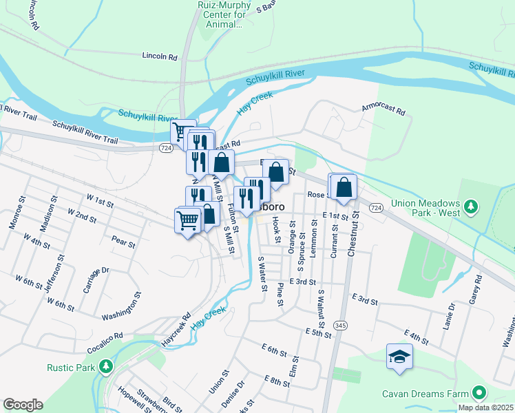 map of restaurants, bars, coffee shops, grocery stores, and more near 400 Beacon St in Birdsboro