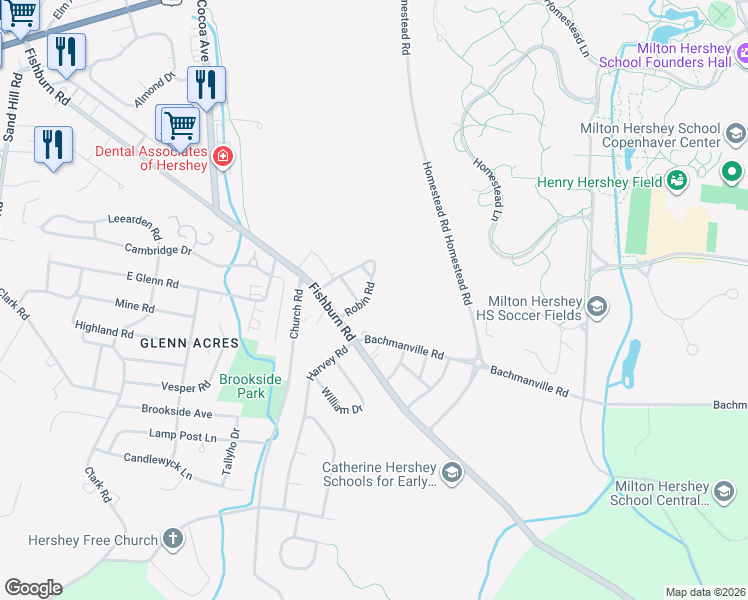 map of restaurants, bars, coffee shops, grocery stores, and more near 222 Robin Road in Hershey