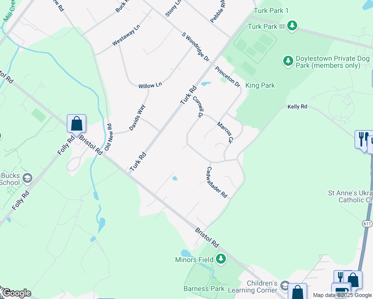 map of restaurants, bars, coffee shops, grocery stores, and more near 523 Cornell Drive in Warrington