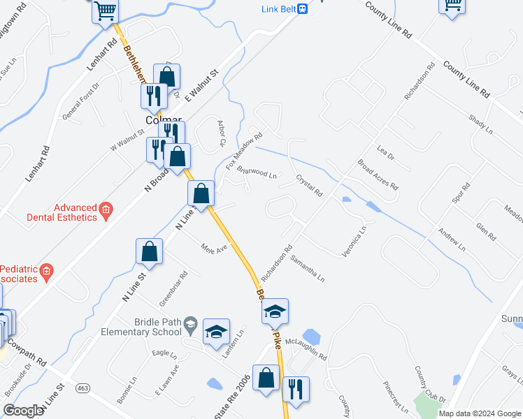 map of restaurants, bars, coffee shops, grocery stores, and more near 266 Cricklewood Circle in Lansdale