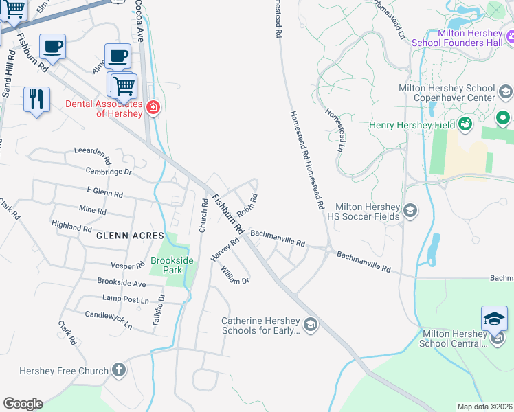 map of restaurants, bars, coffee shops, grocery stores, and more near 222 Robin Rd in Hershey