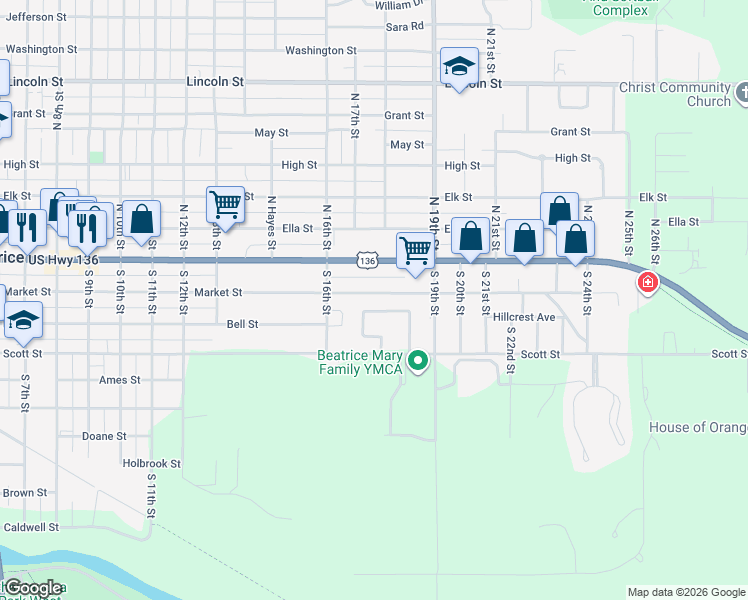 map of restaurants, bars, coffee shops, grocery stores, and more near 1721 Market Street in Beatrice