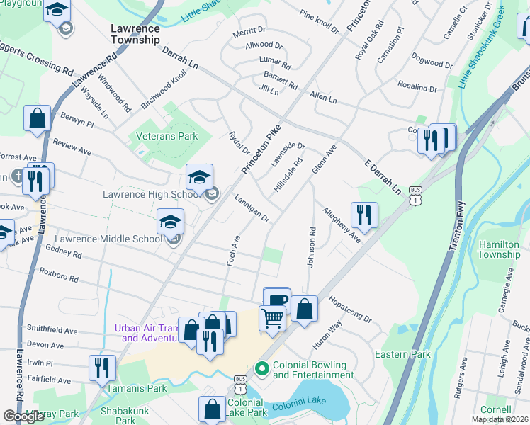 map of restaurants, bars, coffee shops, grocery stores, and more near 16 Lannigan Drive in Lawrence Township