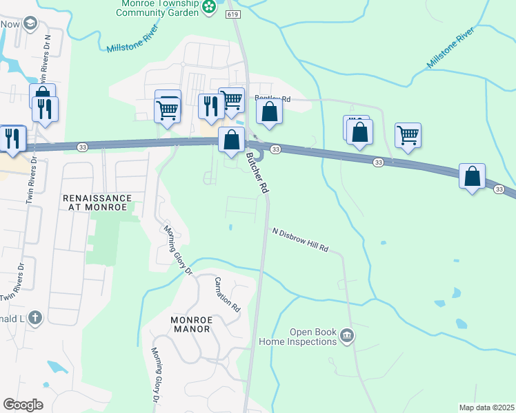 map of restaurants, bars, coffee shops, grocery stores, and more near 5 Beachwood Drive in Monroe Township