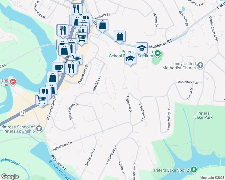 map of restaurants, bars, coffee shops, grocery stores, and more near 319 Maid Marion Lane in Canonsburg