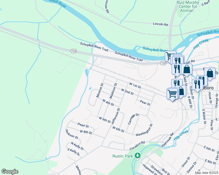 map of restaurants, bars, coffee shops, grocery stores, and more near 610 West 2nd Street in Birdsboro