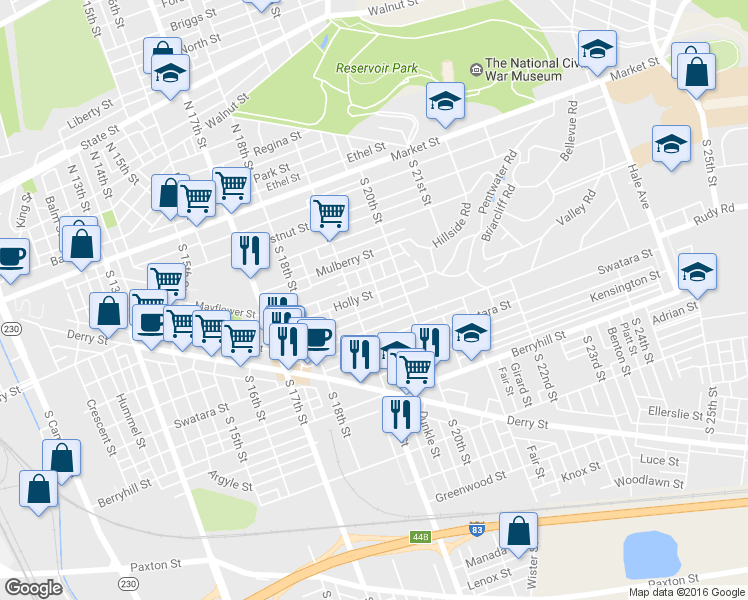 map of restaurants, bars, coffee shops, grocery stores, and more near 1921 Holly Street in Harrisburg