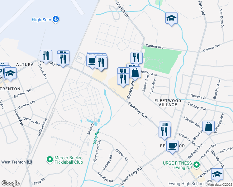 map of restaurants, bars, coffee shops, grocery stores, and more near 1313 Parkway Avenue in Ewing Township