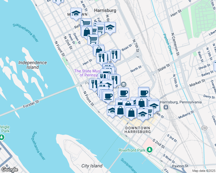 map of restaurants, bars, coffee shops, grocery stores, and more near 255 North Street in Harrisburg