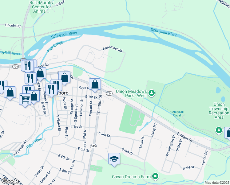 map of restaurants, bars, coffee shops, grocery stores, and more near 851 East Main Street in Birdsboro
