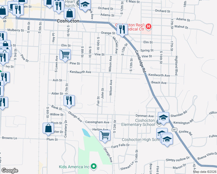 map of restaurants, bars, coffee shops, grocery stores, and more near 667 Wilson Avenue in Coshocton
