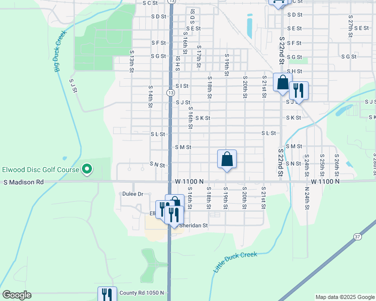 map of restaurants, bars, coffee shops, grocery stores, and more near 1527 South M Street in Elwood