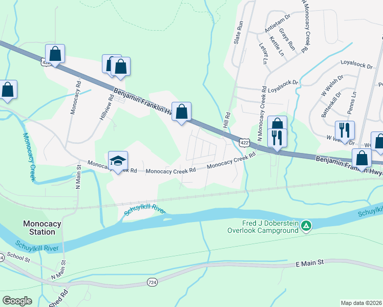map of restaurants, bars, coffee shops, grocery stores, and more near 87 Valley View Road in Birdsboro