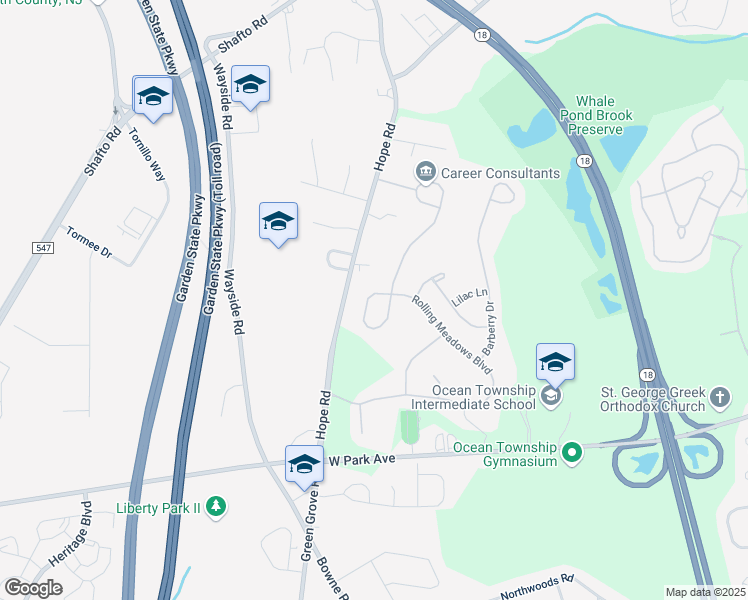 map of restaurants, bars, coffee shops, grocery stores, and more near 101 Rolling Meadows Boulevard South in Ocean Township