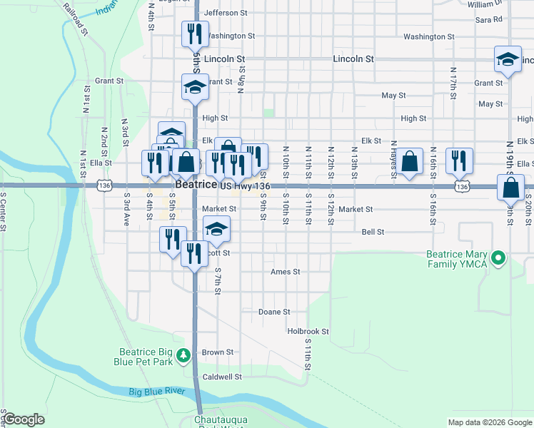 map of restaurants, bars, coffee shops, grocery stores, and more near 901 Market Street in Beatrice