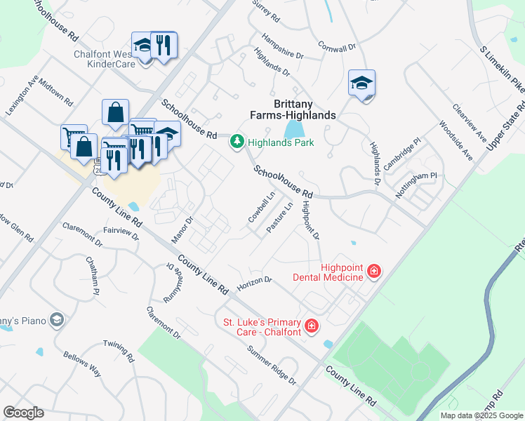 map of restaurants, bars, coffee shops, grocery stores, and more near 54 Country View Lane in Chalfont