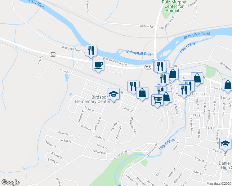 map of restaurants, bars, coffee shops, grocery stores, and more near 432 West 1st Street in Birdsboro