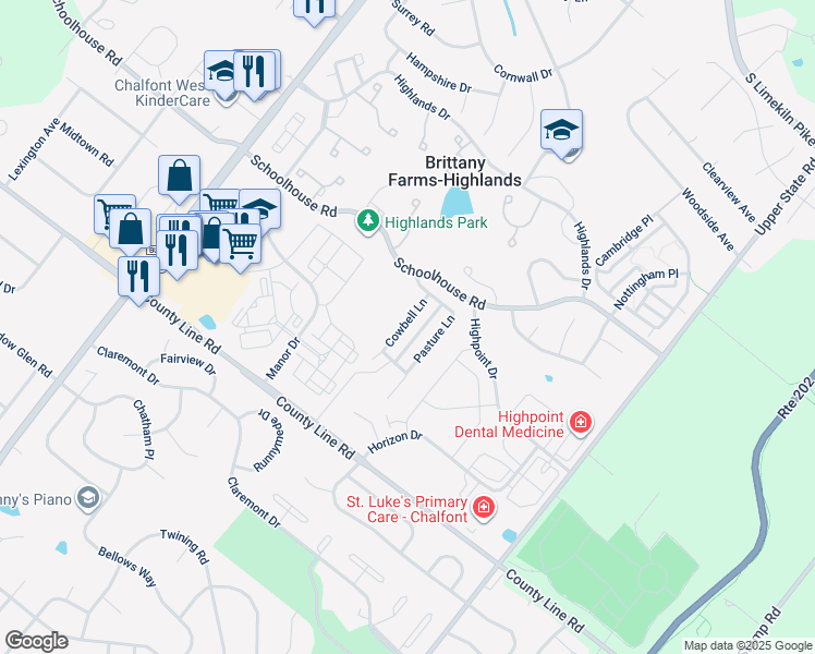 map of restaurants, bars, coffee shops, grocery stores, and more near 94 Cowbell Lane in Chalfont