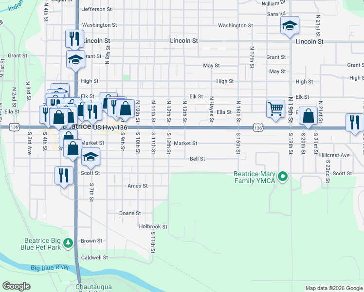 map of restaurants, bars, coffee shops, grocery stores, and more near 1211 Market Street in Beatrice