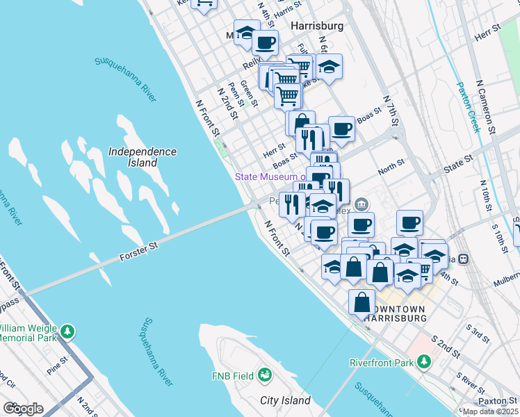 map of restaurants, bars, coffee shops, grocery stores, and more near N Front St & Forster St in Harrisburg