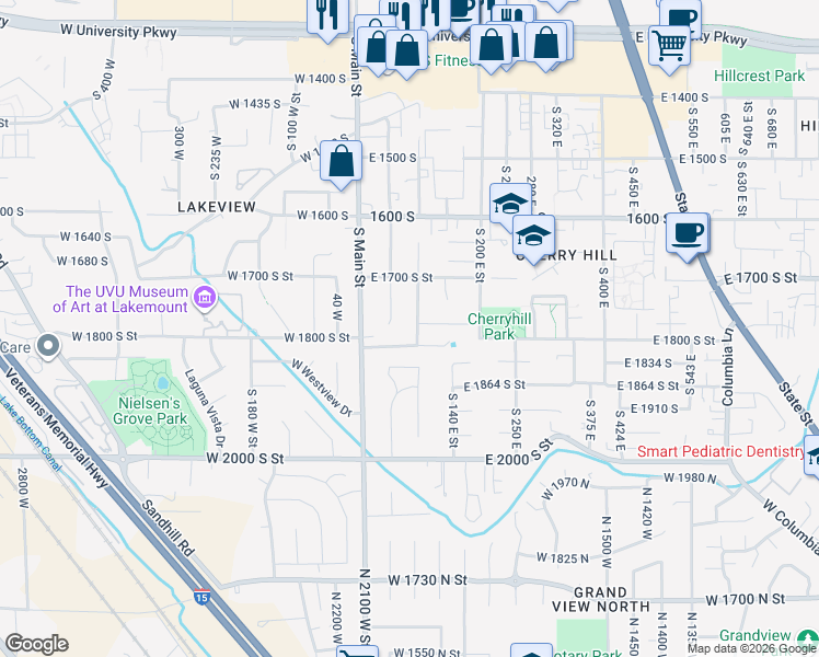 map of restaurants, bars, coffee shops, grocery stores, and more near 1782 South 100 East in Orem