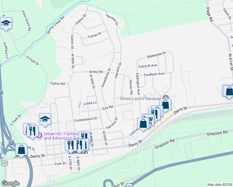map of restaurants, bars, coffee shops, grocery stores, and more near 385 Harvest Dr in Harrisburg
