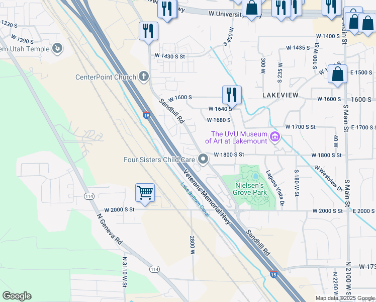 map of restaurants, bars, coffee shops, grocery stores, and more near 543 West 1770 South in Orem