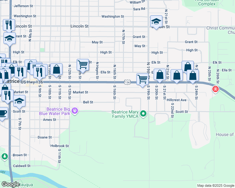 map of restaurants, bars, coffee shops, grocery stores, and more near 1603 Market Street in Beatrice