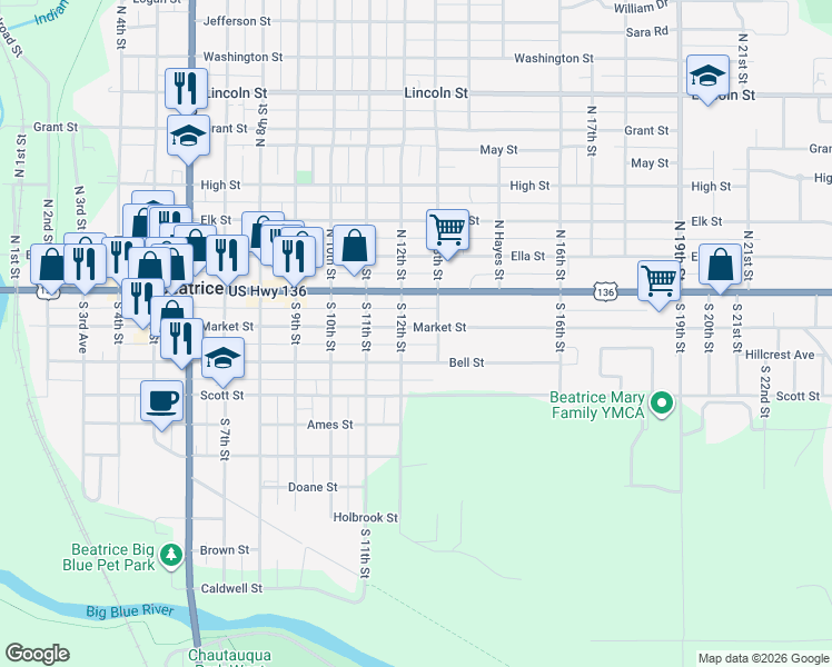 map of restaurants, bars, coffee shops, grocery stores, and more near 1211 Market Street in Beatrice
