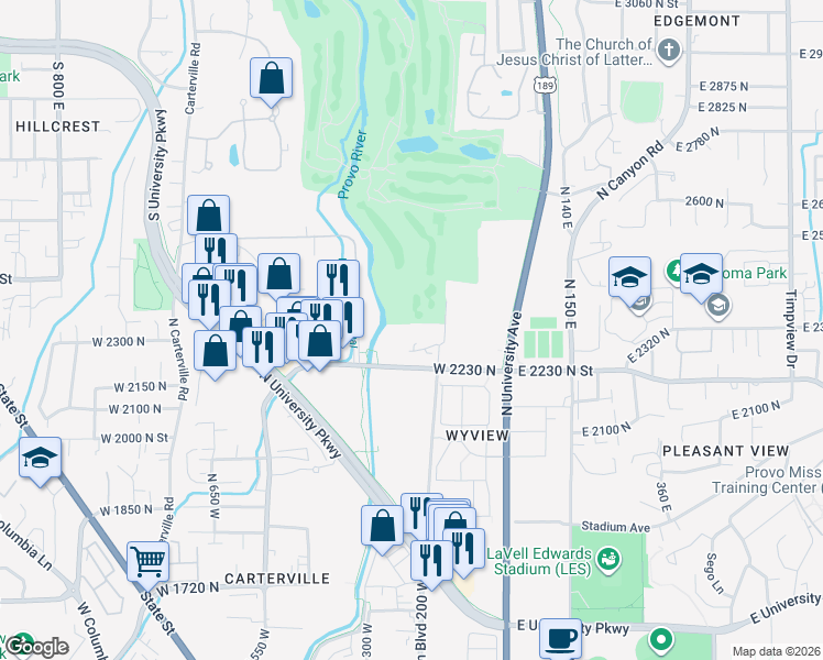 map of restaurants, bars, coffee shops, grocery stores, and more near 252 West 2230 North in Provo