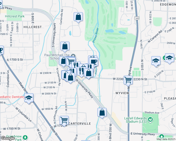 map of restaurants, bars, coffee shops, grocery stores, and more near 404 West 2230 North in Provo