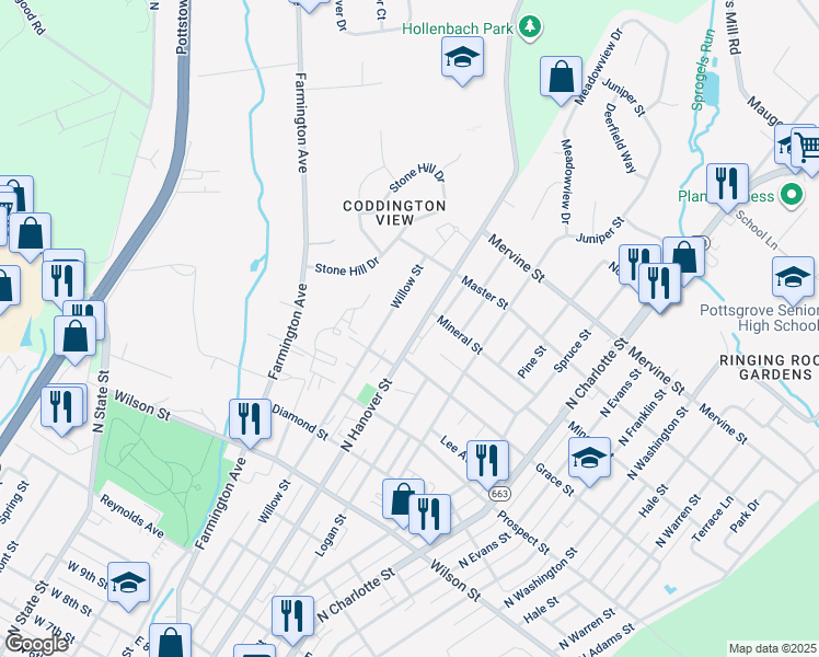 map of restaurants, bars, coffee shops, grocery stores, and more near 991 North Hanover Street in Pottstown