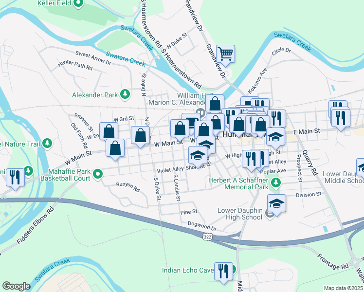 map of restaurants, bars, coffee shops, grocery stores, and more near 273 West Main Street in Hummelstown