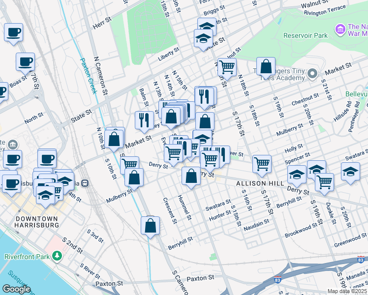 map of restaurants, bars, coffee shops, grocery stores, and more near 1306 Vernon Street in Harrisburg